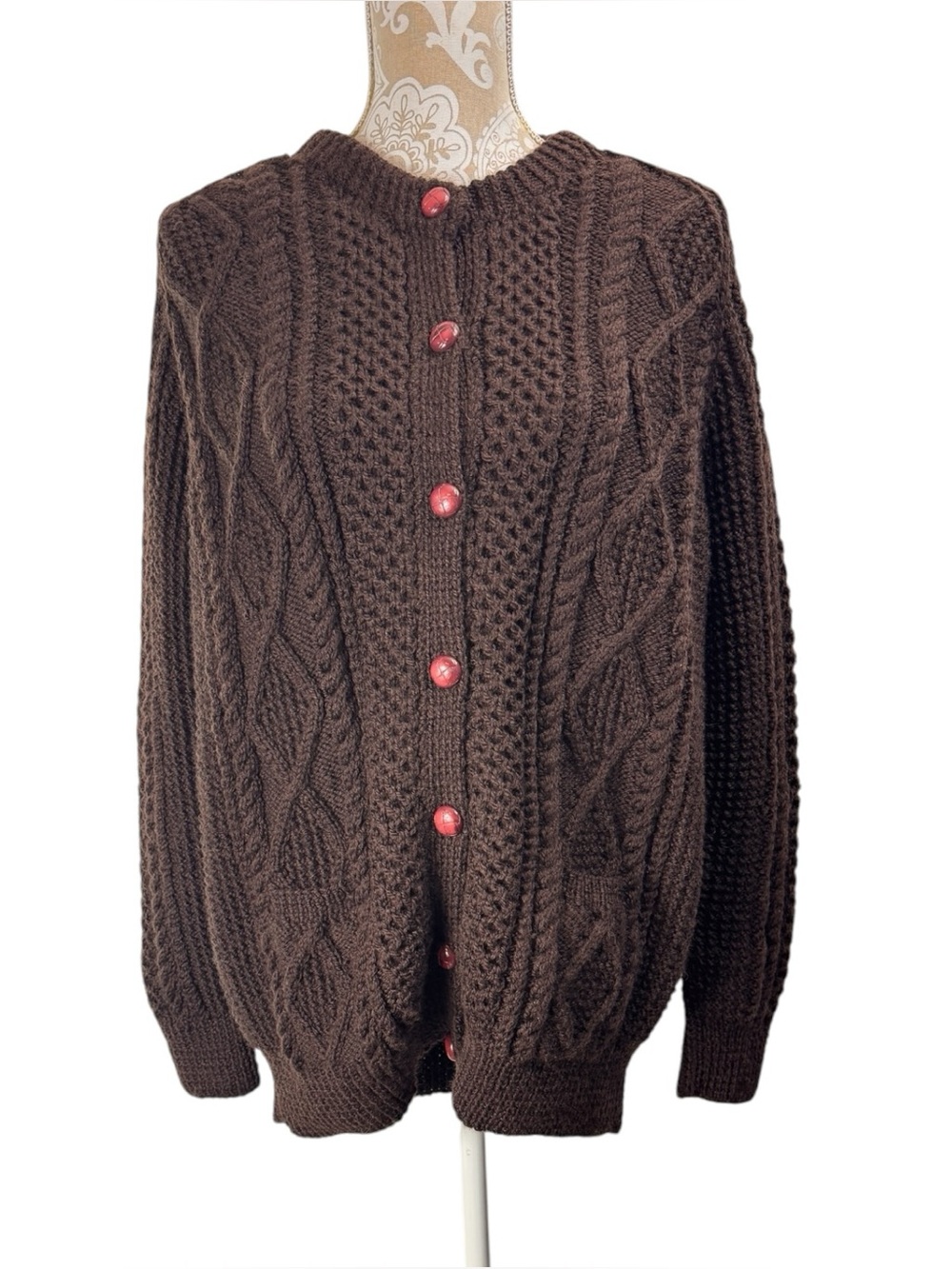 Vintage Handmade Brown Knit Cardigan Sweater Chunky Fisherman Chest 52" Woman 2X